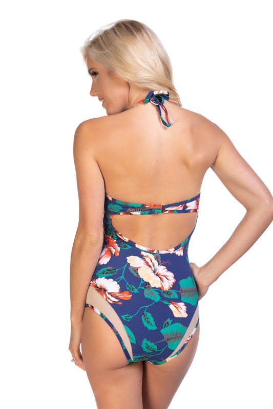 NAVY FLORAL MESH INSERTS ONE PIECE SWIMSUIT - Faylinn & Co