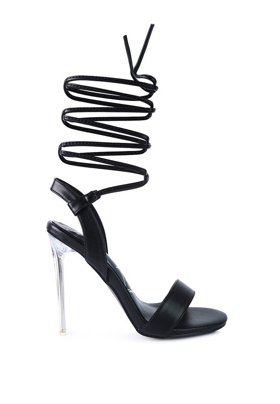 SHEENY CLEAR STILETTO LACE UP SANDAL - Faylinn & Co