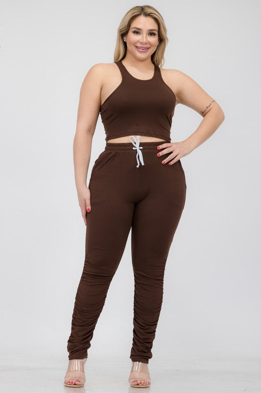 Plus Size Crop Tank Top & Ruched Pants Set - Faylinn & Co