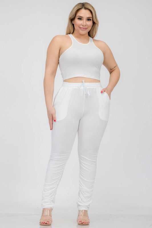 Plus Size Crop Tank Top & Ruched Pants Set - Faylinn & Co