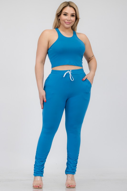 Plus Size Crop Tank Top & Ruched Pants Set - Faylinn & Co