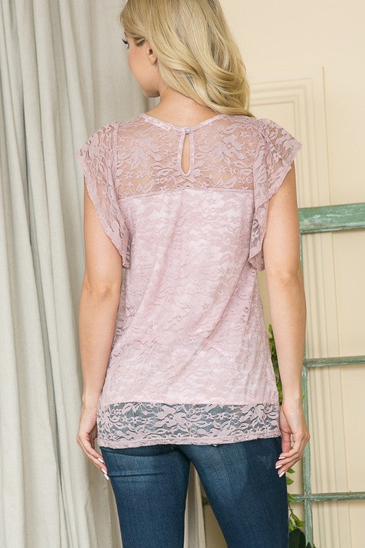 Stretch Lace Flutter Sleeve Top - Faylinn & Co