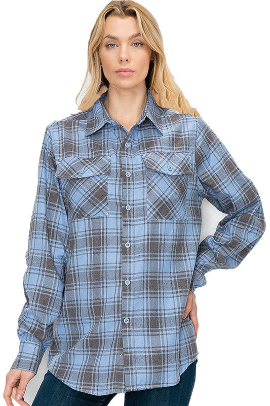 Boyfriend Fit Checker Plaid Flannel Long Sleeve - Faylinn & Co