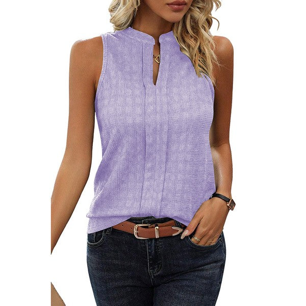 Women Lattice Textured Split Neck Tank Top - Faylinn & Co