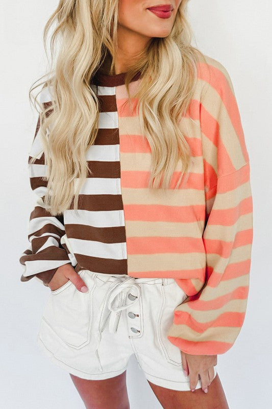 Stripe Color Block Shoulder Pullover Sweatshirt - Faylinn & Co