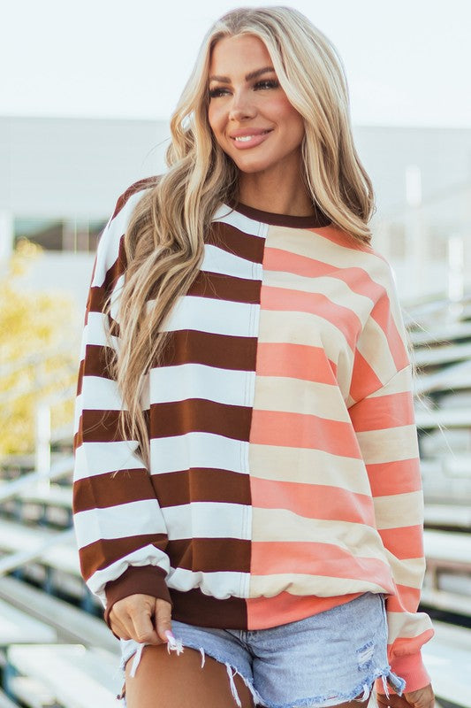 Stripe Color Block Shoulder Pullover Sweatshirt - Faylinn & Co