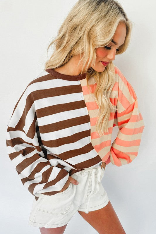 Stripe Color Block Shoulder Pullover Sweatshirt - Faylinn & Co