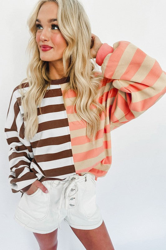Stripe Color Block Shoulder Pullover Sweatshirt - Faylinn & Co