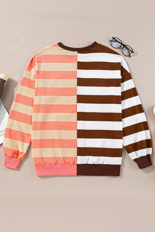 Stripe Color Block Shoulder Pullover Sweatshirt - Faylinn & Co