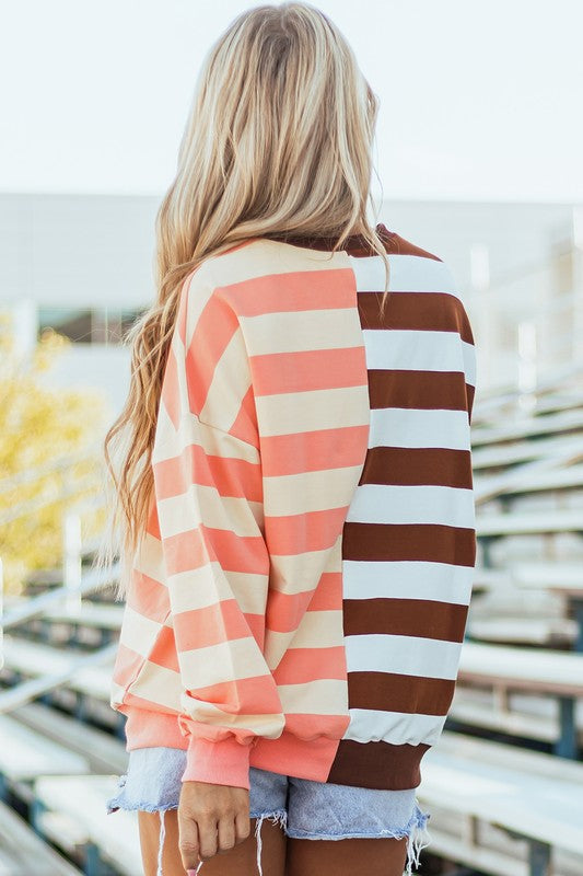 Stripe Color Block Shoulder Pullover Sweatshirt - Faylinn & Co