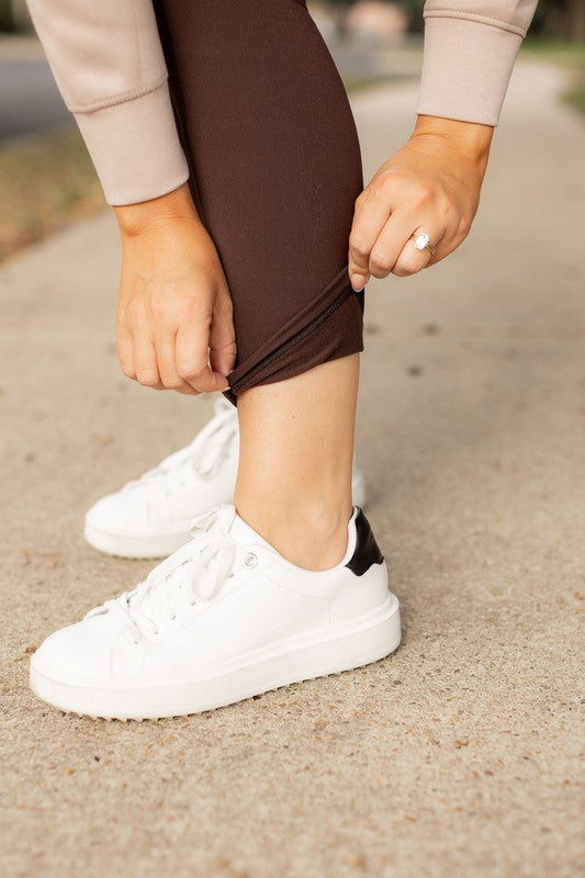 Brown FLEECE Full Length Leggings with Pockets - Faylinn & Co