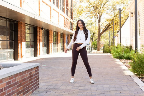 Brown FLEECE Full Length Leggings with Pockets - Faylinn & Co
