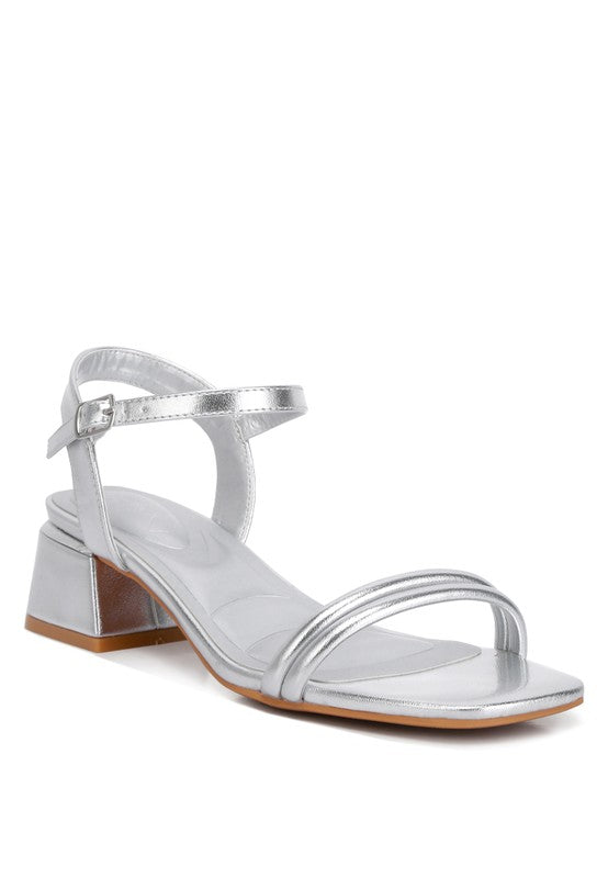 Zabou Metallic Ankle Strap Low Block Heels - Faylinn & Co