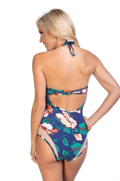 NAVY FLORAL MESH INSERTS ONE PIECE SWIMSUIT - Faylinn & Co
