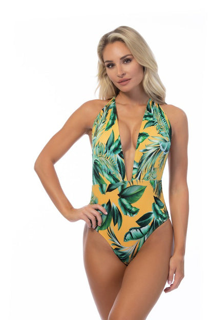 RIBBED TROPICAL V NECK ONE PIECE SWIMSUIT - Faylinn & Co