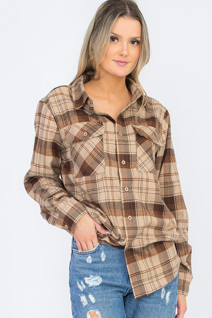 Womens Long Sleeve Checkered Boyfriend Flannel - Faylinn & Co