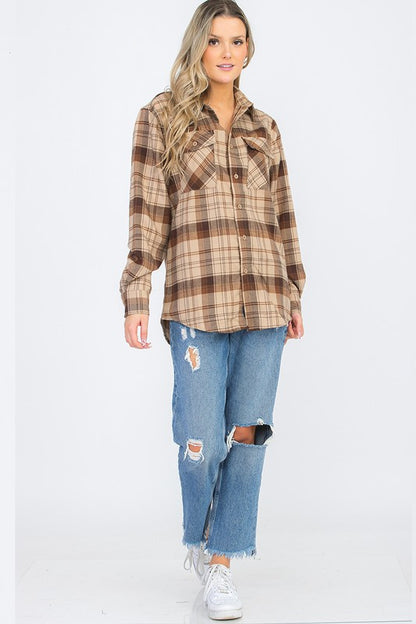 Womens Long Sleeve Checkered Boyfriend Flannel - Faylinn & Co