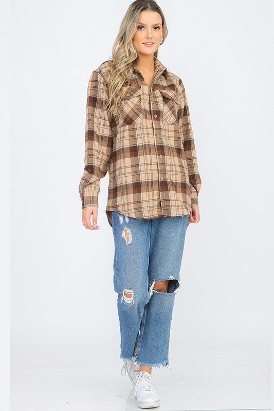 Womens Long Sleeve Checkered Boyfriend Flannel - Faylinn & Co