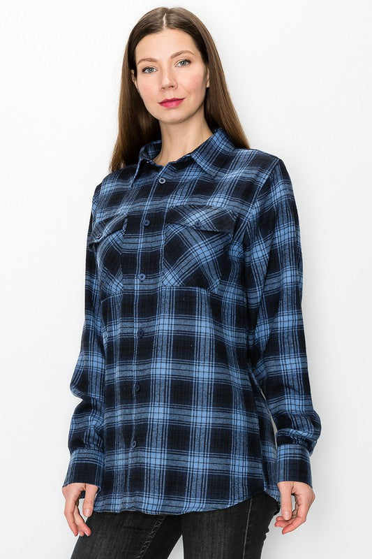 Womens Long Sleeve Checkered Boyfriend Flannel - Faylinn & Co