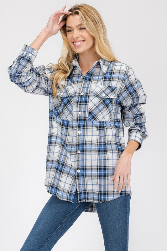 Oversized Checker Plaid Flannel Long Sleeve - Faylinn & Co