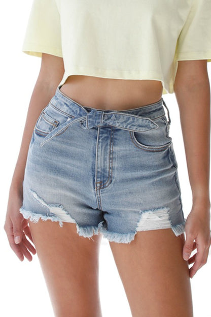 Ribbon Tie Frayed Denim Shorts - Faylinn & Co