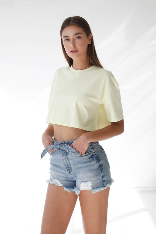 Ribbon Tie Frayed Denim Shorts - Faylinn & Co