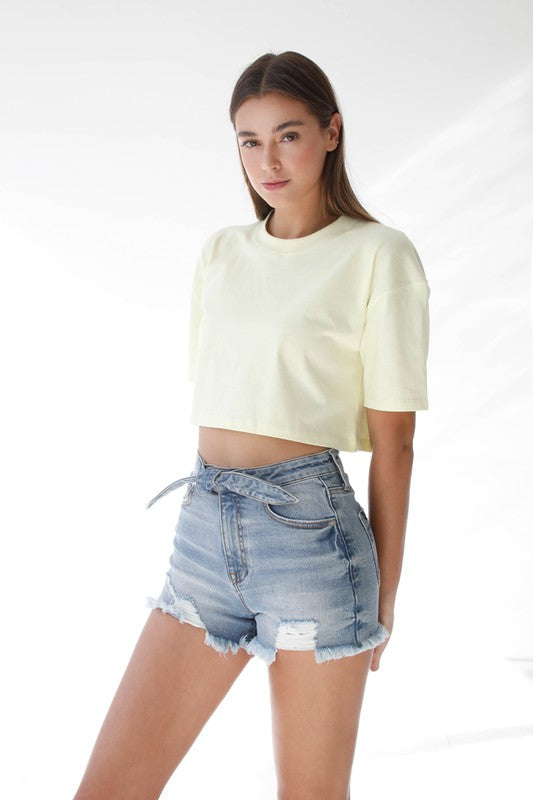 Ribbon Tie Frayed Denim Shorts - Faylinn & Co