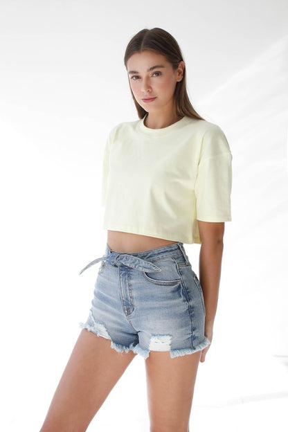 Ribbon Tie Frayed Denim Shorts - Faylinn & Co