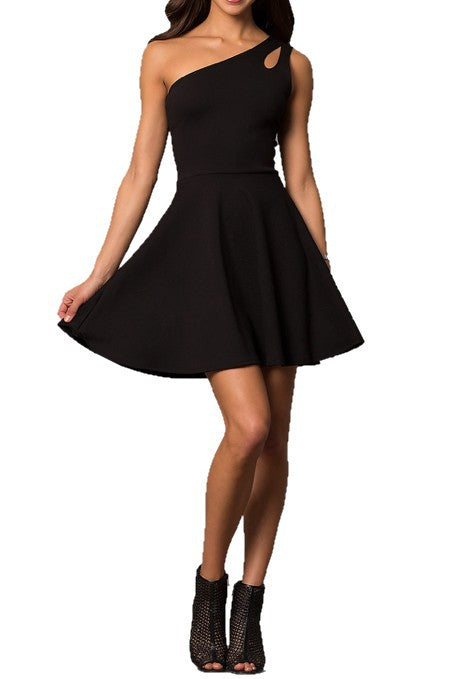 JUNIORS ONE SHOULDER DRESS WITH TEARDROP CUTOUT - Faylinn & Co