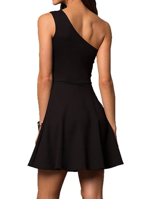 JUNIORS ONE SHOULDER DRESS WITH TEARDROP CUTOUT - Faylinn & Co