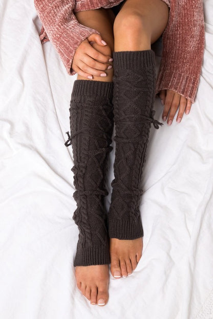 Cable Knit Long Tie Leg Warmer - Faylinn & Co