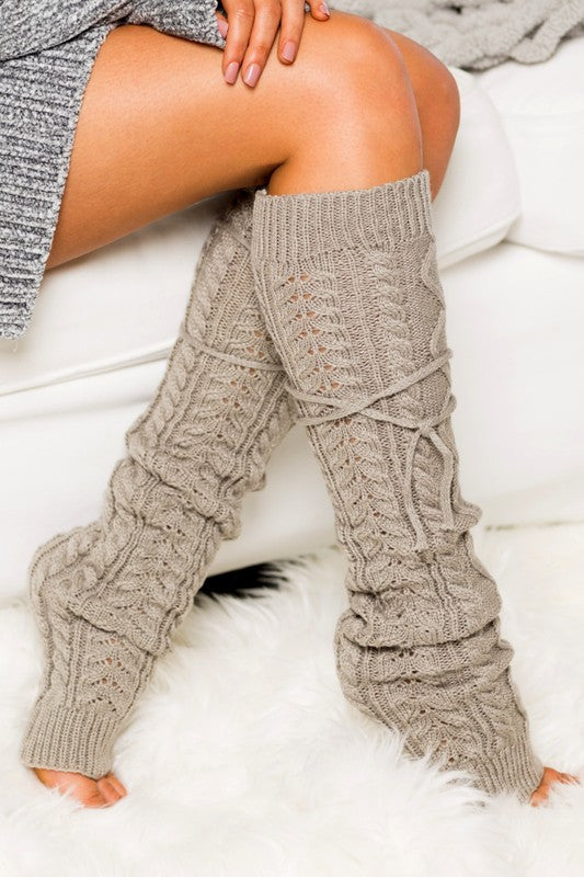 Cable Knit Long Tie Leg Warmer - Faylinn & Co