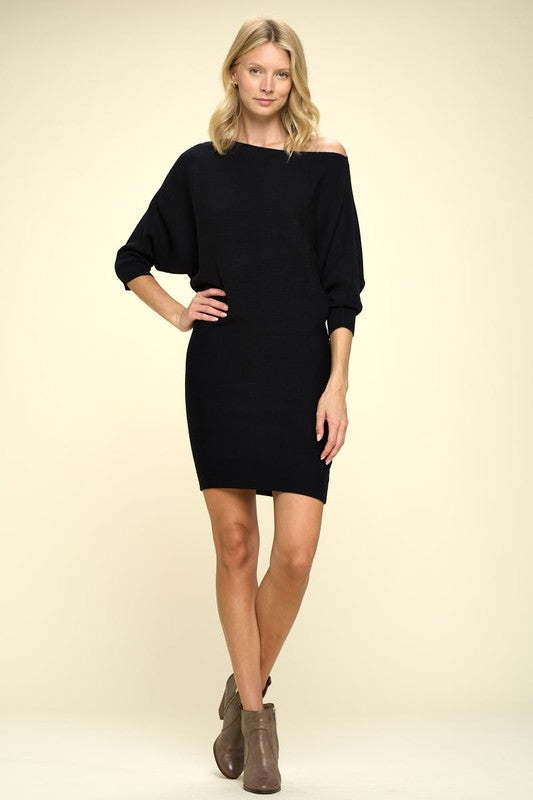 Ribbed Sweater Knit Dolman Sleeve Dress - Faylinn & Co