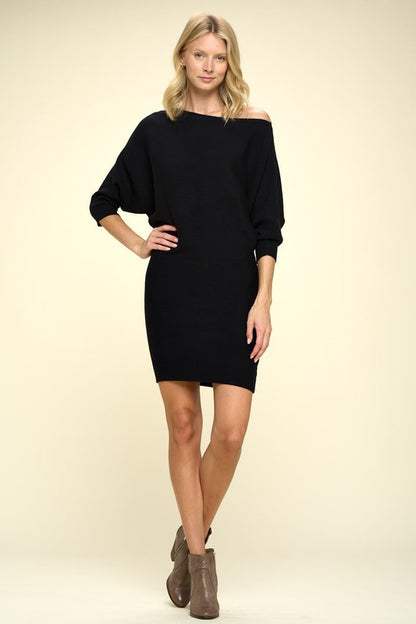 Ribbed Sweater Knit Dolman Sleeve Dress - Faylinn & Co