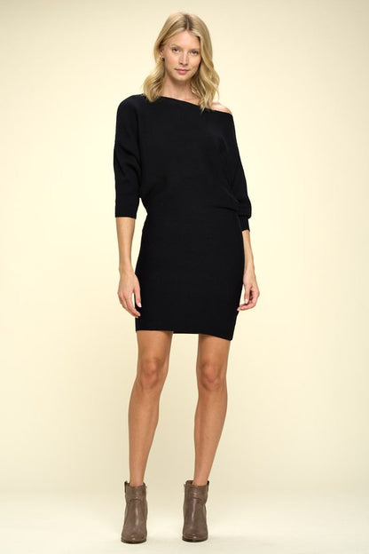 Ribbed Sweater Knit Dolman Sleeve Dress - Faylinn & Co