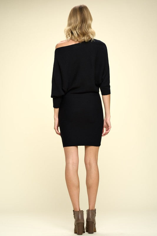Ribbed Sweater Knit Dolman Sleeve Dress - Faylinn & Co
