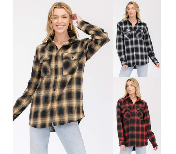 Boyfriend Fit Checker Plaid Flannel Long Sleeve - Faylinn & Co