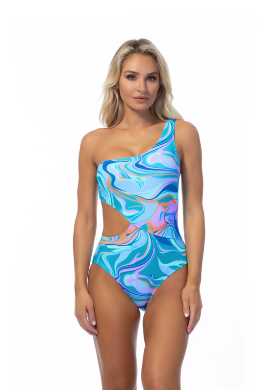 WAVE PRINTED ONE SHOULDER ONE PIECE SWIMSUIT - Faylinn & Co