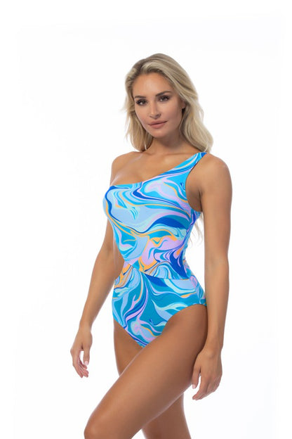 WAVE PRINTED ONE SHOULDER ONE PIECE SWIMSUIT - Faylinn & Co