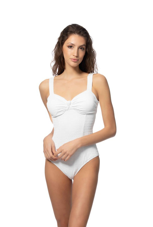 TEXTURED SOLID ONE PIECE SWIMSUIT WITH KNOT FRONT - Faylinn & Co