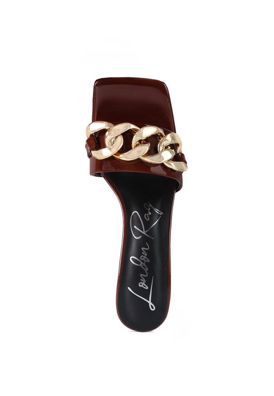 PLAYDOLL METAL CHAIN DETAIL BLOCK HEEL SANDAL - Faylinn & Co