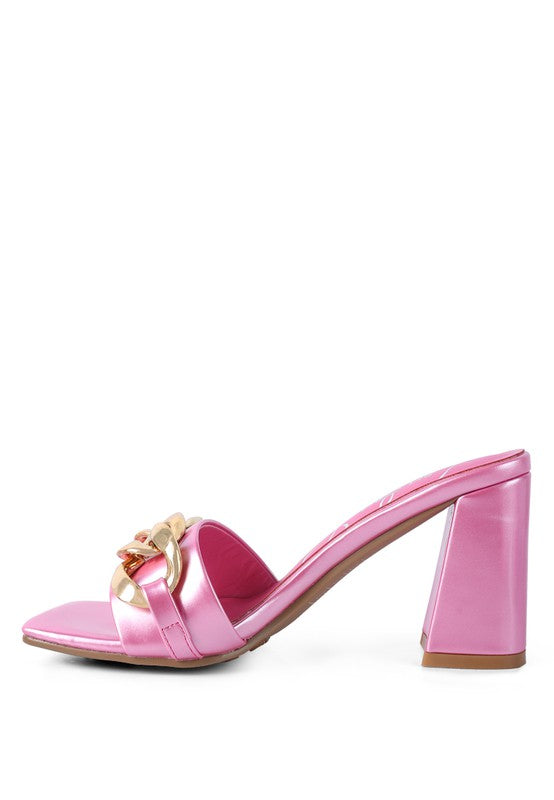 PLAYDOLL METAL CHAIN DETAIL BLOCK HEEL SANDAL - Faylinn & Co