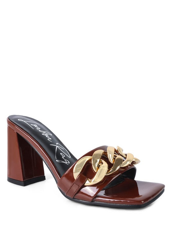 PLAYDOLL METAL CHAIN DETAIL BLOCK HEEL SANDAL - Faylinn & Co