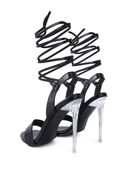 SHEENY CLEAR STILETTO LACE UP SANDAL - Faylinn & Co
