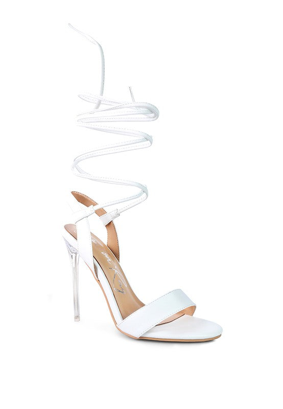 SHEENY CLEAR STILETTO LACE UP SANDAL - Faylinn & Co