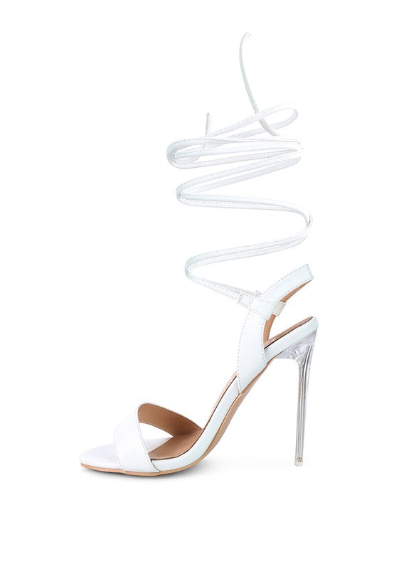 SHEENY CLEAR STILETTO LACE UP SANDAL - Faylinn & Co