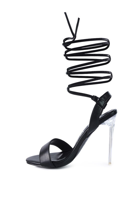 SHEENY CLEAR STILETTO LACE UP SANDAL - Faylinn & Co