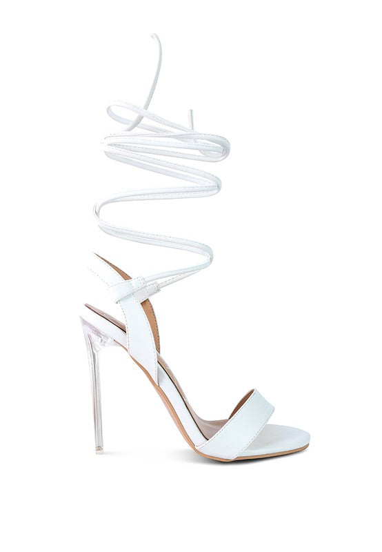 SHEENY CLEAR STILETTO LACE UP SANDAL - Faylinn & Co