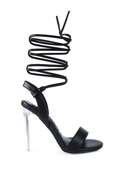 SHEENY CLEAR STILETTO LACE UP SANDAL - Faylinn & Co