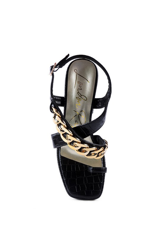 FRECKLIN METAL CHAIN STRAP CROC BLOCK SANDAL - Faylinn & Co